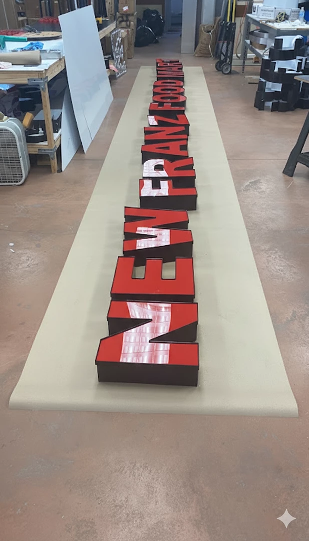 Large "Everman Food Market" Houston commercial signs in red and white laid out in a workshop.