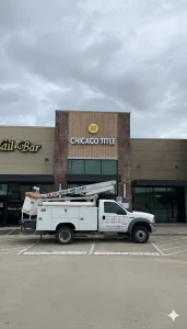 Chicago Title storefront with a prominent sign being installed, crafted by skilled business signs Houston professionals.