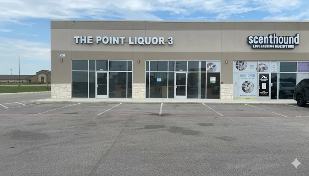 Modern storefront with a clear "The Point Liquor 3" sign, crafted by a skilled business sign manufacturer in Houston.