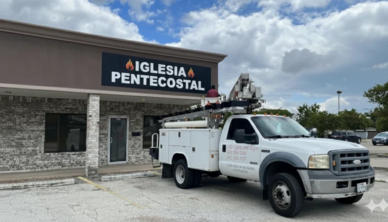 Workers installing Houston commercial signs on Iglesia Pentecostal church building with bucket truck under cloudy sky.