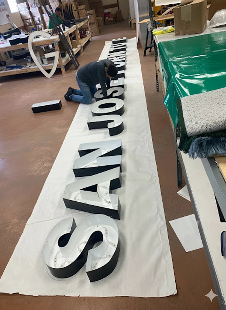 Worker assembling a large "San Jose" custom sign in a workshop, crafted by skilled custom signs Houston experts.