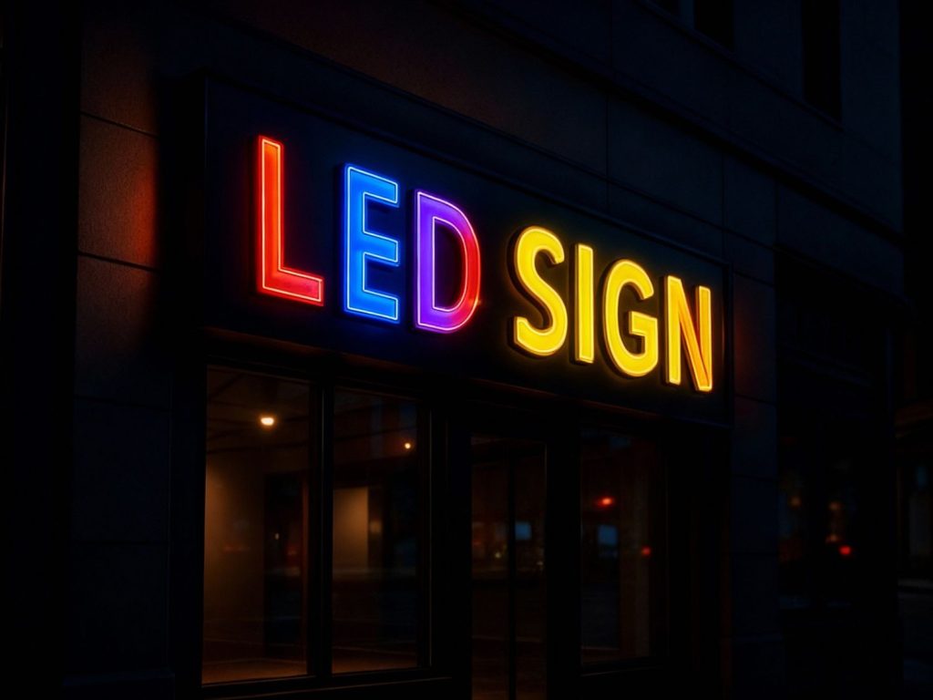 Vibrant multicolored LED sign illuminating business facade by business sign manufacturer Houston.