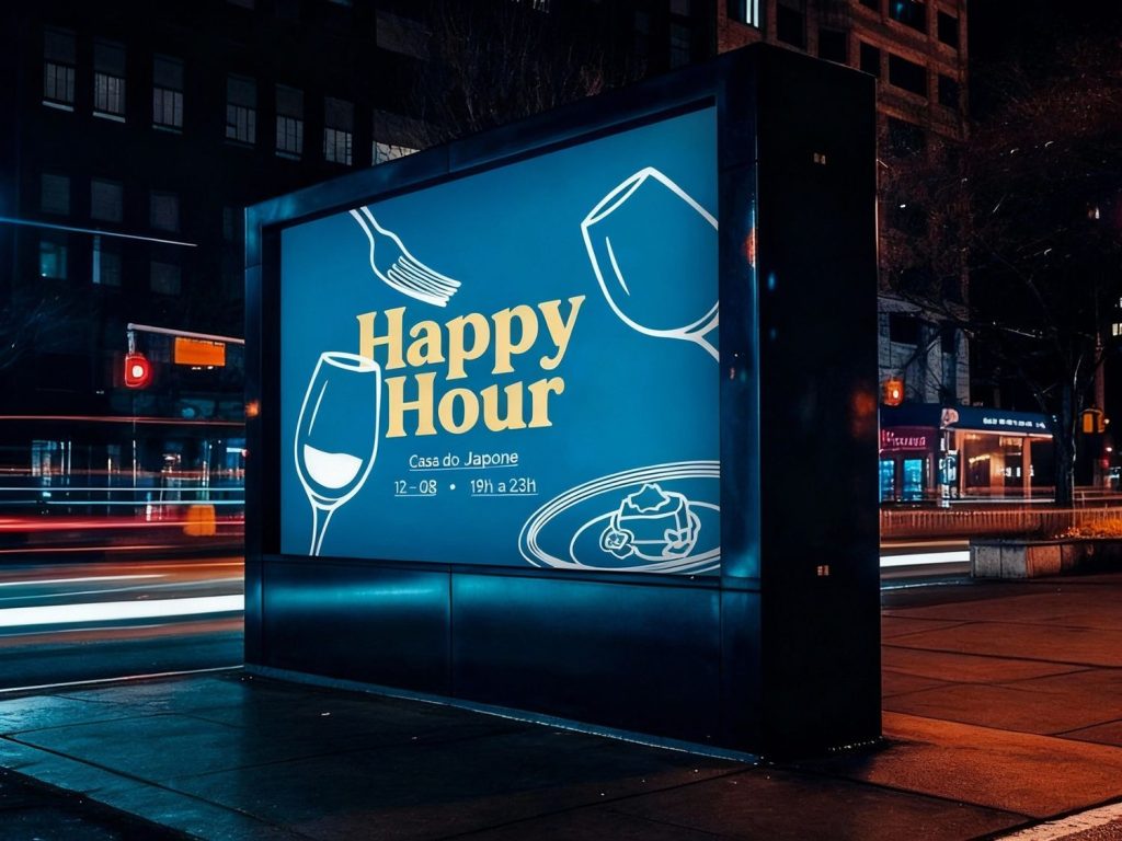 Digital billboard advertising Happy Hour at night, crafted by business sign manufacturer Houston.