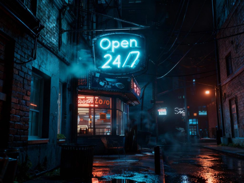 Neon "Open 24/7" sign glowing in rainy alley, premium work from business sign manufacturer Houston.
