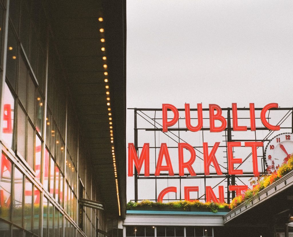 Public Market Center LED marquee arch, showcasing modern design in custom signs Houston.