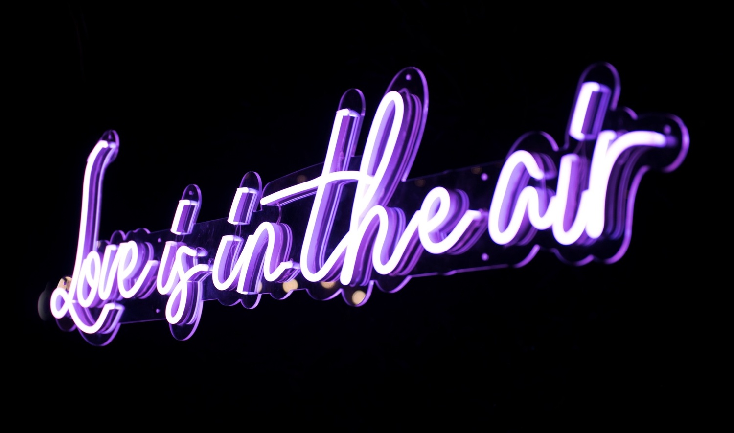 Purple LED neon sign love is in the air for weddings and events, designed by a leading sign manufacturer Houston.