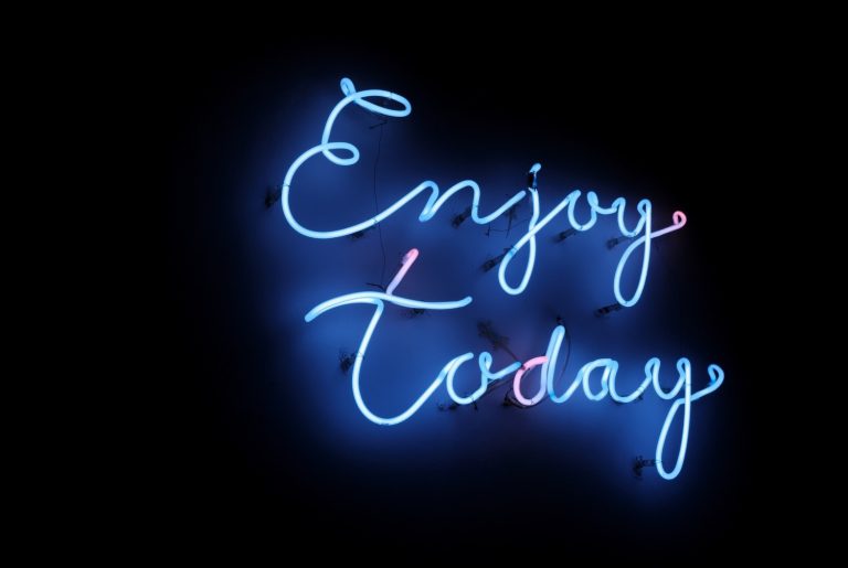 Blue cursive enjoy today interior wall neon sign for home or office from a top-rated sign manufacturer Houston.