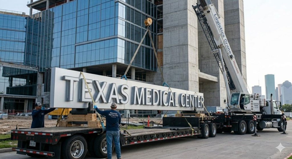 A crane hoists a massive Texas Medical Center sign at a job site with help from a reliable sign manufacturer Houston.