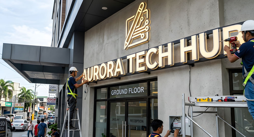 Expert installers mounting custom signs Houston for Aurora Tech Hub with illuminated logo and sleek channel lettering.