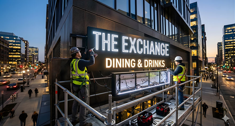 Modern restaurant custom signs Houston being installed on a city corner for The Exchange Dining and Drinks business.