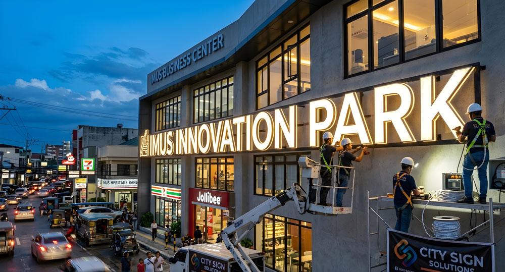 Professional installation of custom signs Houston at Imus Business Center featuring large backlit channel letters.