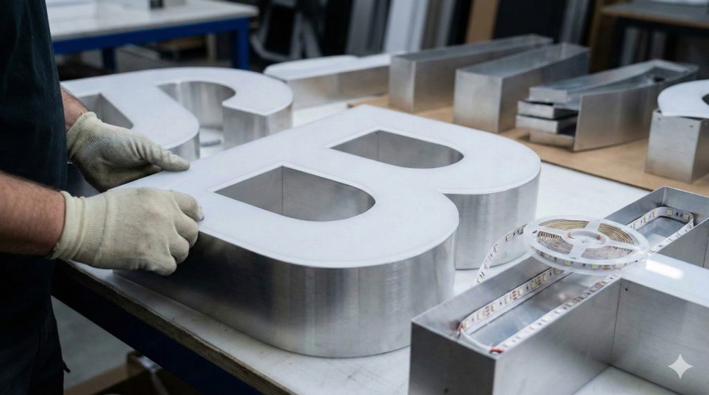 A fabricator carefully assembles a large metal letter case for a custom building signs Houston project.