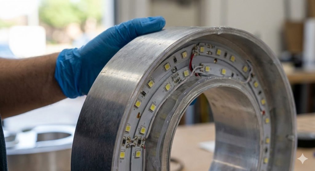 Hand-installing flexible LED lights inside a custom channel letter for professional illuminated building signs Houston.