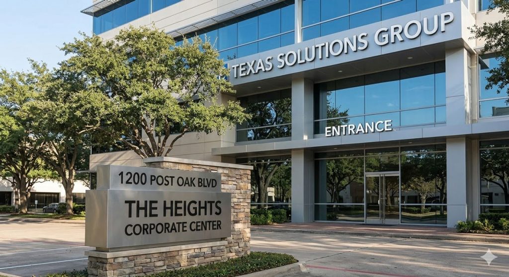 A large monument sign and dimensional building logo signs visible on the exterior of a professional office building in Houston.