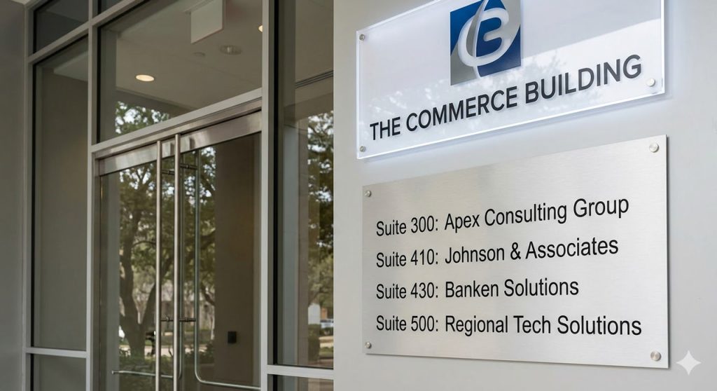 Professional building directory sign in a modern Houston office lobby, guiding visitors with clear office suite listings.