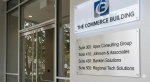 Professional building directory sign in a modern Houston office lobby, guiding visitors with clear office suite listings.