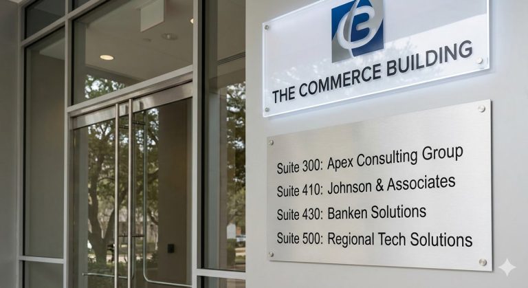 Professional building directory sign in a modern Houston office lobby, guiding visitors with clear office suite listings.