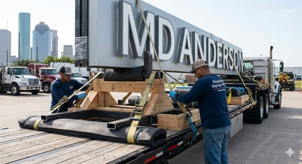 Technicians secure a large MD Anderson sign for transport near the skyline for a leading sign manufacturer Houston.