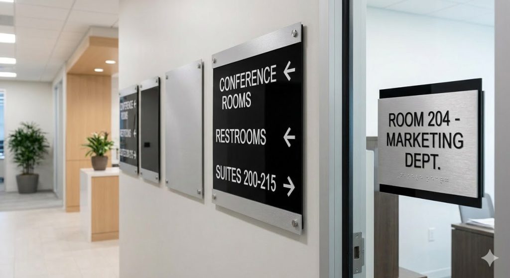 Various interior building signs, including directional signs and room plaques, installed in a modern Houston corporate office hallway.
