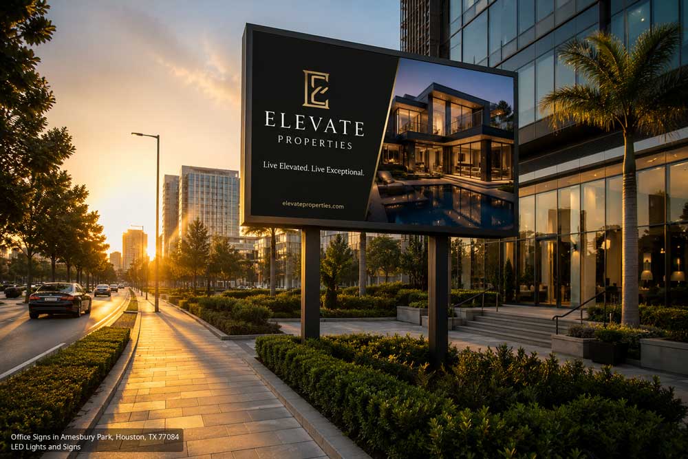 Elevate Properties luxury real estate billboard featured on modern office signs Houston along a street in Amesbury Park.