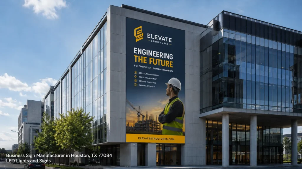 Vertical exterior banner for Elevate Structures showcases professional office signs Houston design capabilities.
