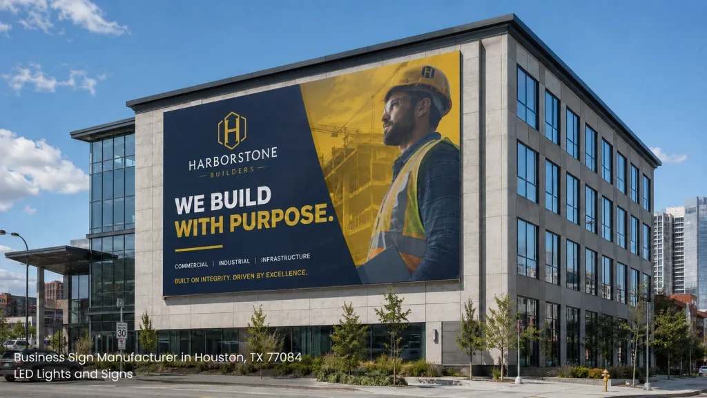 Large building exterior wall sign for Harborstone Builders, designed by a professional office signs Houston company.