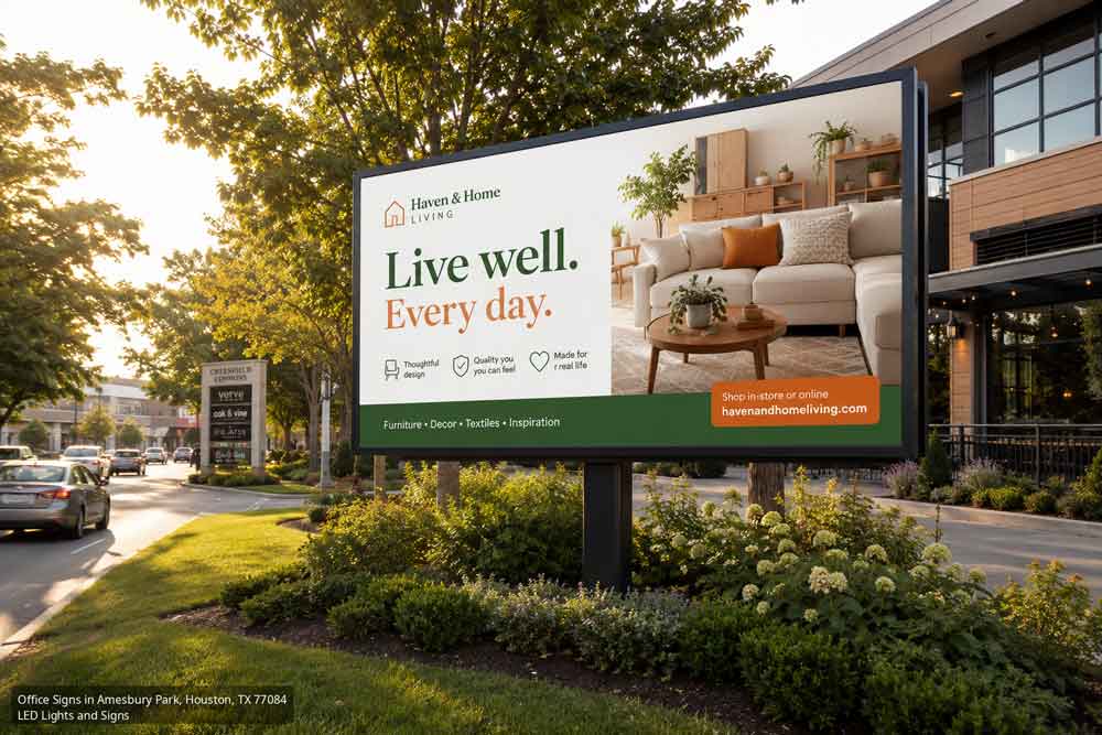 Premium office signs Houston display a Haven & Home Living furniture outdoor billboard advertisement in Amesbury Park.