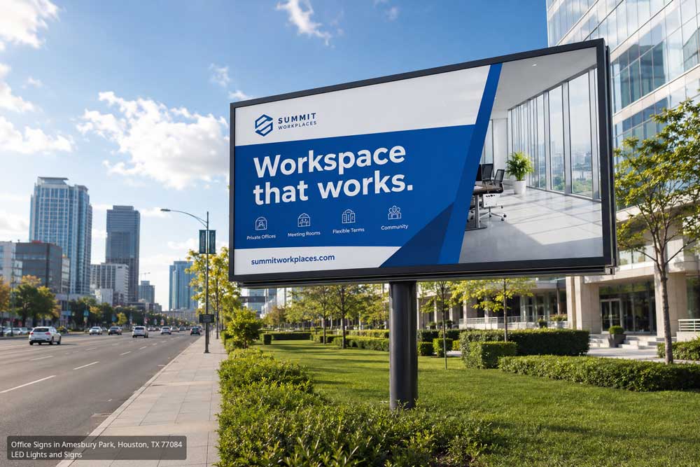 Summit Workplaces workspace billboard advertisement displayed on premium office signs Houston located in Amesbury Park.