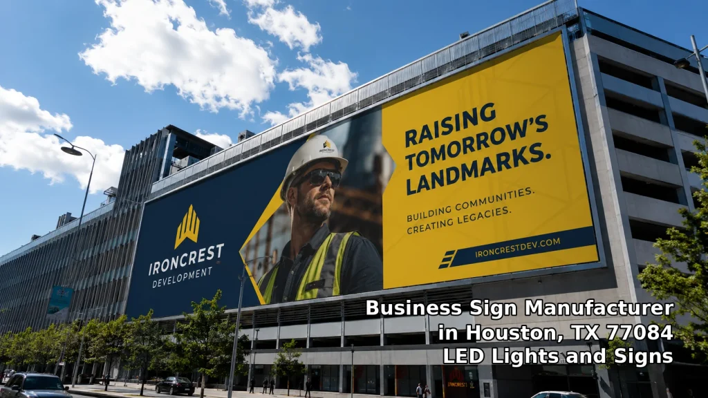 Massive building banner display highlighting custom office signs Houston manufacturing for commercial structures.