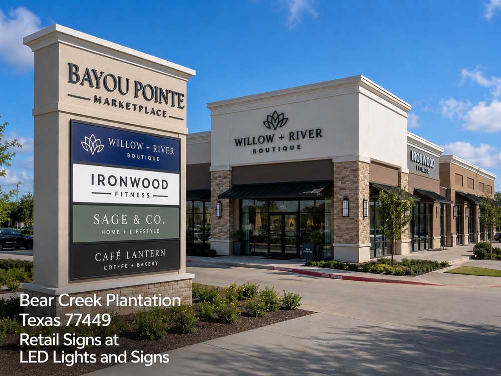 Multi-tenant commercial monument retail signs Houston displayed outside a modern shopping plaza complex.