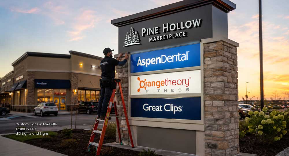 Technician installing illuminated directory pylon custom signs Houston TX for Pine Hollow Marketplace commercial center.