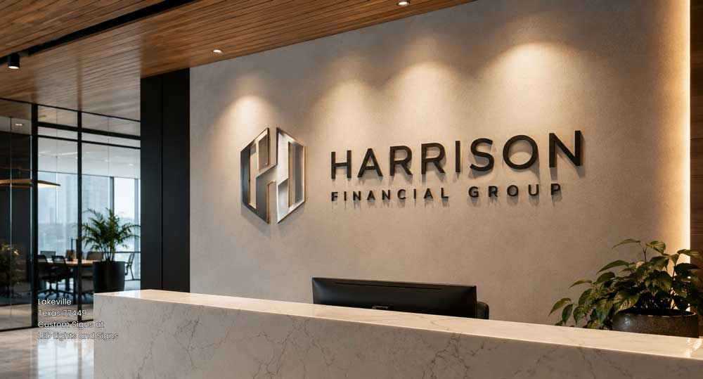 3D metal wall logo displaying professional indoor custom signs Houston businesses use for corporate reception desks.