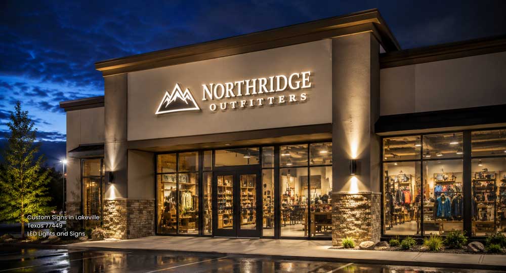 Backlit illuminated storefront building display built by custom signs Houston experts for Northridge Outfitters store.
