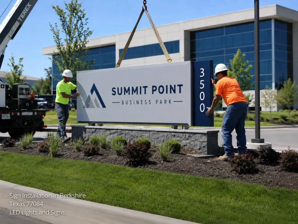 Expert Houston sign installation workers placing a large corporate monument sign using a crane at a business park.