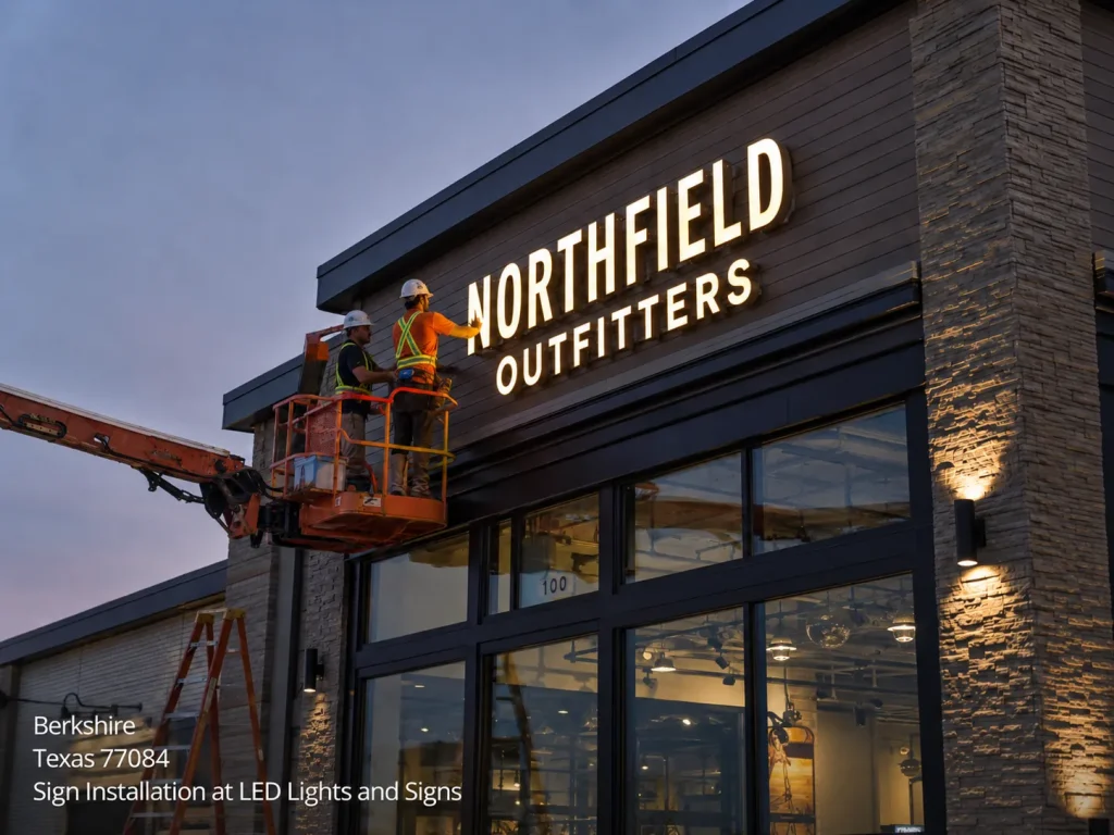 Skilled crew doing a Houston sign installation of illuminated LED storefront channel letters using a boom lift. 