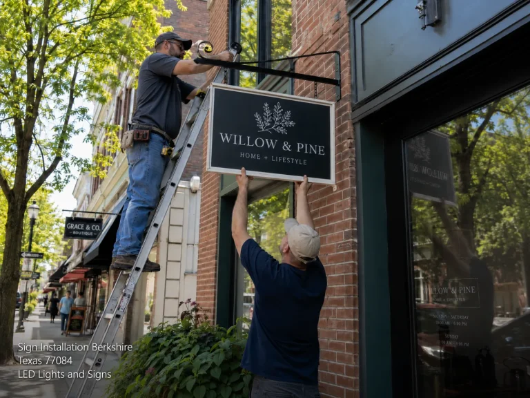 Professional Houston sign installation team mounting a black hanging storefront sign for a local boutique business.
