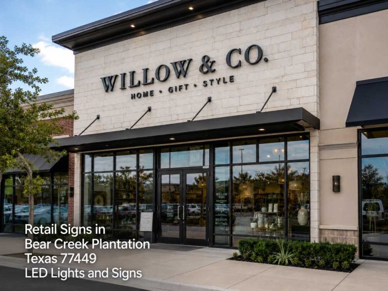 Modern illuminated storefront retail signs Houston crafted for boutique shops to attract high traffic customers.