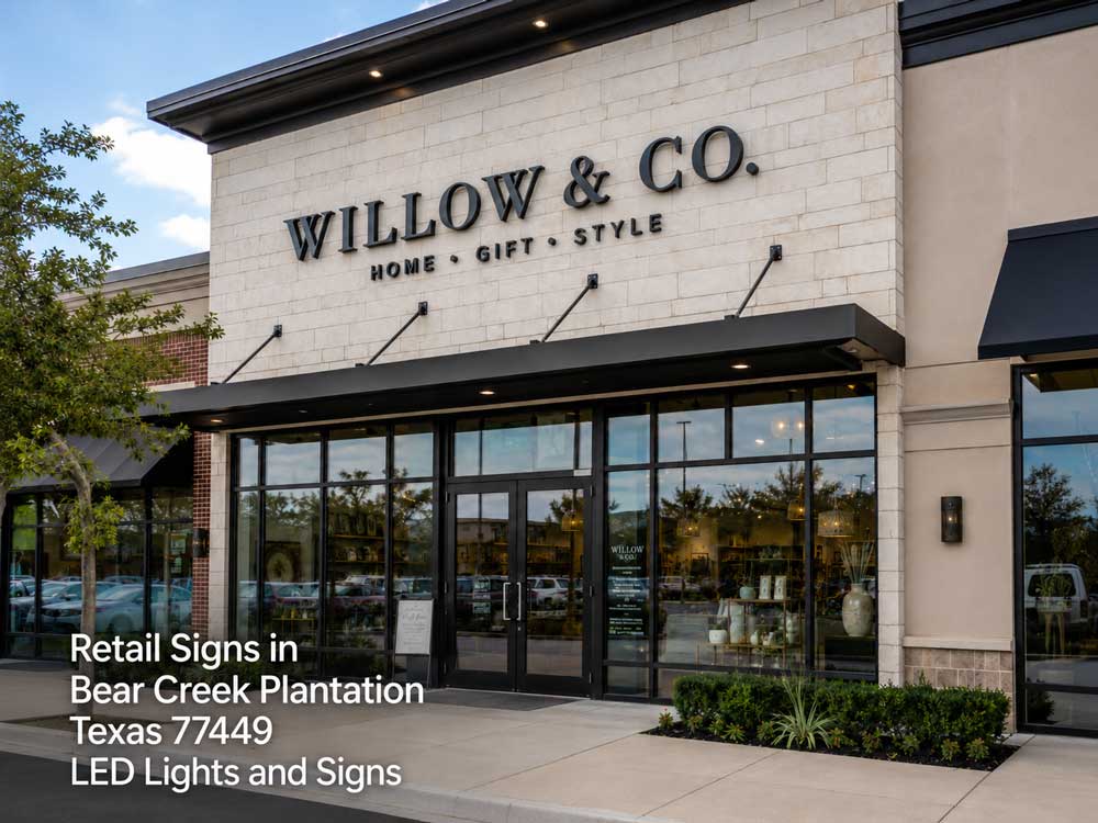 Modern illuminated storefront retail signs Houston crafted for boutique shops to attract high traffic customers.