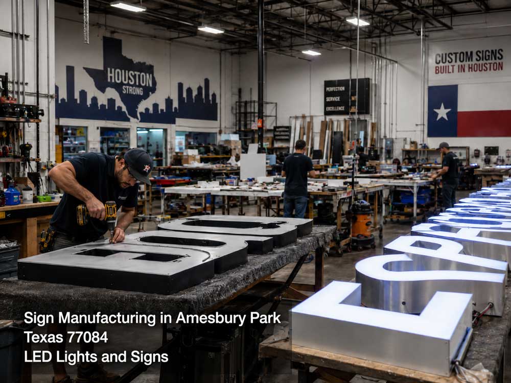 Custom LED signs being manufactured by a technician inside a Houston Texas sign fabrication factory.