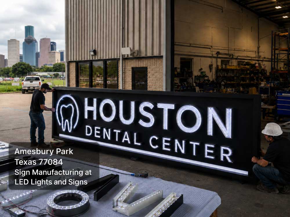 Workers installing a large custom LED outdoor sign for a Houston dental center at a local manufacturing facility.