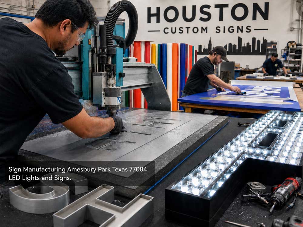 Industrial CNC machine cutting metal letters for custom commercial LED lights and signs in Houston Texas.