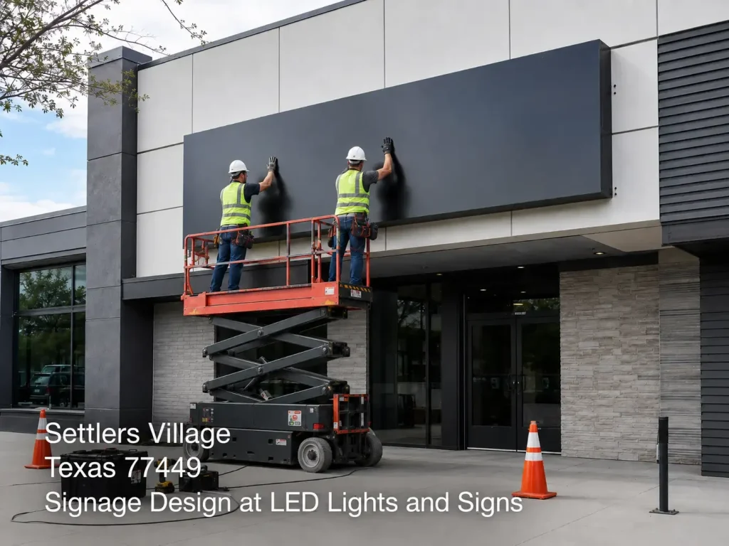 Technicians on a scissor lift mounting a massive exterior building signage design Houston storefront LED panel display. 