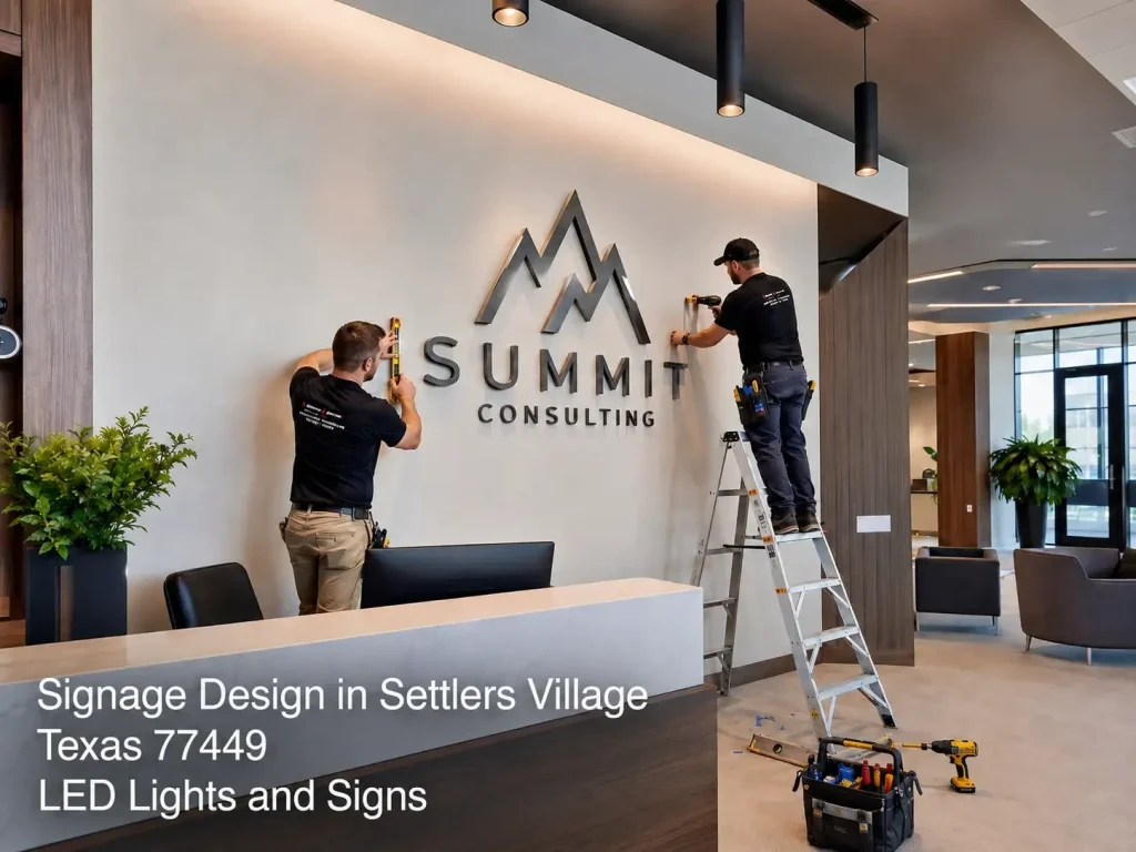 Professional installation of custom 3D acrylic office signage design Houston by expert installers in a modern lobby. 