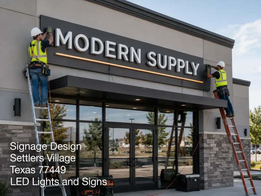 Professional signage design Houston technicians installing illuminated modern 3D letter building signs on store facade.
