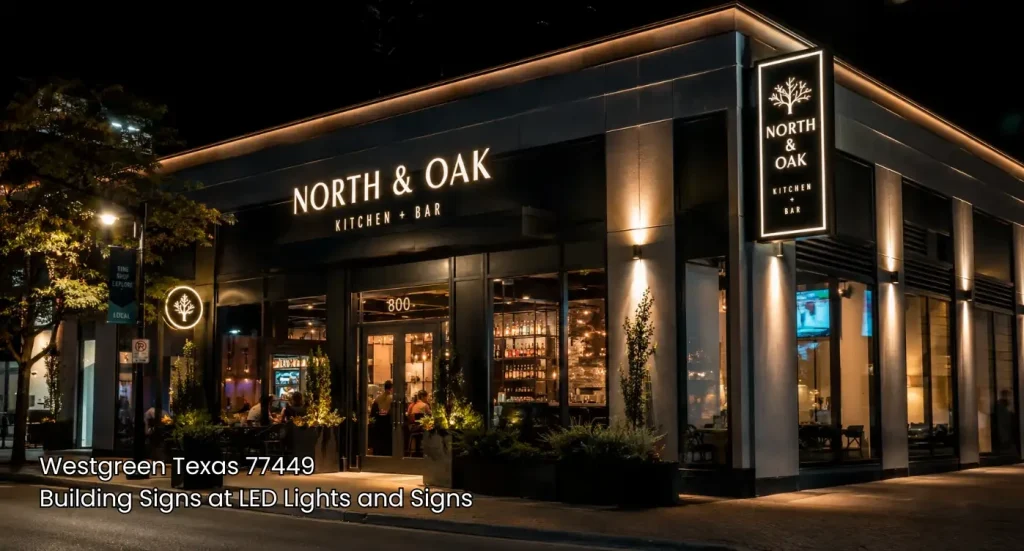 Modern restaurant exterior illuminated by elegant LED channel letter building Signs Houston stores choose.