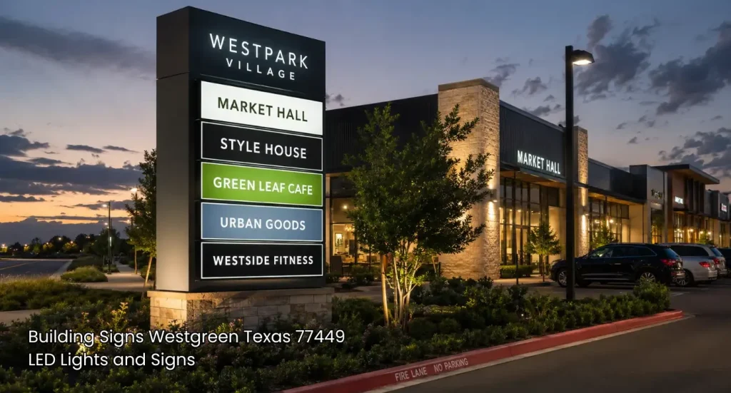 Multi tenant illuminated monument pylon display featuring premium building Signs Houston retail centers utilize.