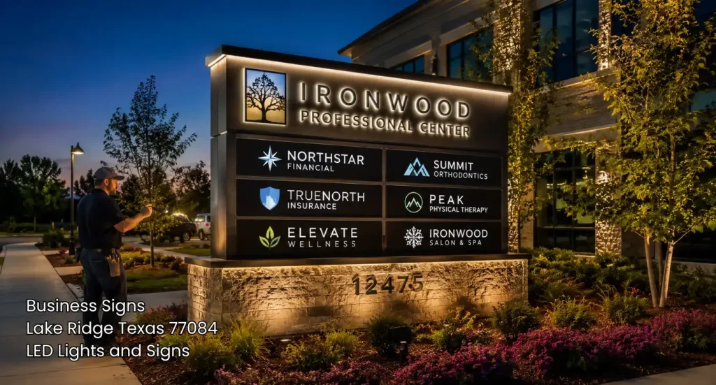 Technician servicing an illuminated monument display featuring custom business signs Houston offices choose.