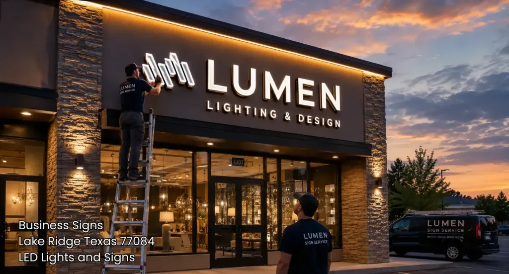 Technician installing illuminated storefront lettering for high quality business signs Houston companies install.