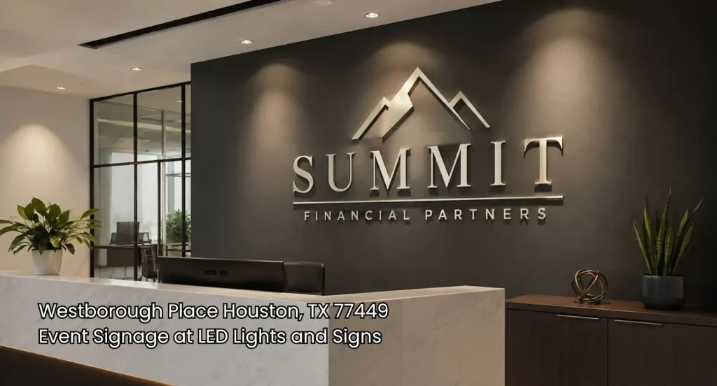 Modern metallic 3D wall logo for Summit Financial Partners, offering professional corporate event signage Houston. 