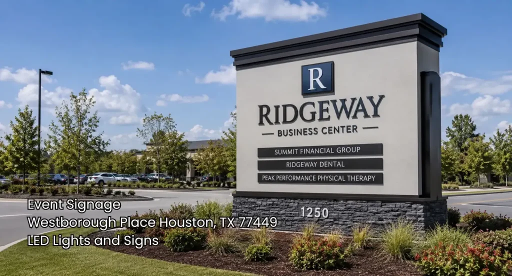 Outdoor commercial monument directory sign for Ridgeway Business Center featuring premium event signage Houston.